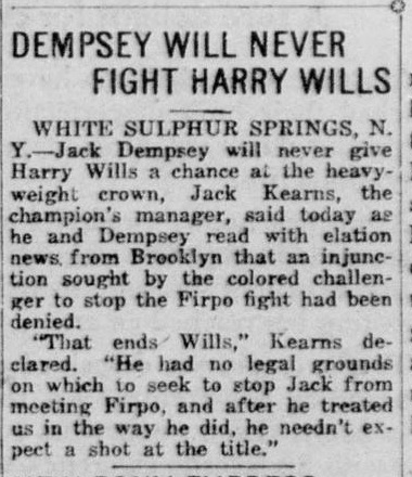 Complete cropped boxing article from a 1923 newspaper, headed Dempsey Will Never Fight Harry Wills